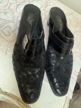 Brighton Black Embossed Floral Pointed-Heel Mules